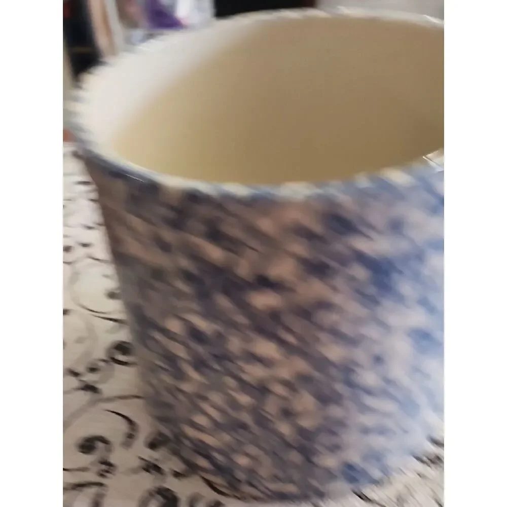 Blue and White Spongeware Canister with Wooden Lid